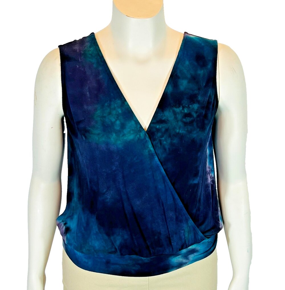 Ariella Tank Top Womens L Twist Front V-Neck Black Blue Tie Dye Stretch